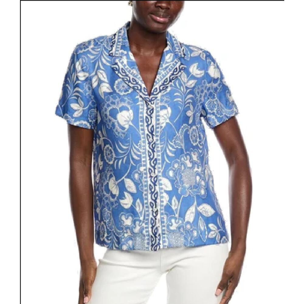 J McLaughlin Bimini Blouse Blue Navy Terrace Silk Blend Short Sleeve Shirt XL